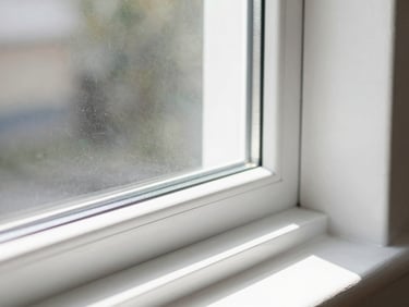 Close-up of a pristine new window frame installation, clean white seals, bright daylight reflecting off the double-pane glass