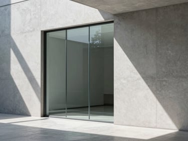 Prism-like reflection on heavy impact-resistant glass, clean geometric shadows on a concrete wall, bright sunbeams