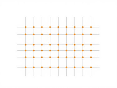 Minimalist vector illustration of a stylized network grid with orange nodes, clean lines, high-key stark white background, precise geometric composition