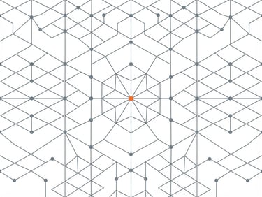 A minimalist geometric vector illustration of interconnected structural nodes, high-key lighting, slate gray lines with a single orange focal point, generous negative space.