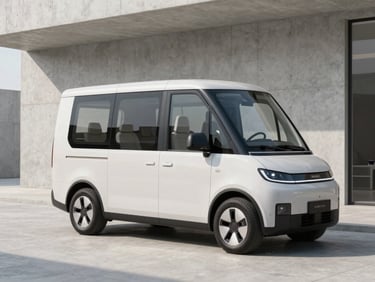 A branded modern mobile styling vehicle parked outside an elegant minimalist concrete venue, crisp cool daylight, clean lines.