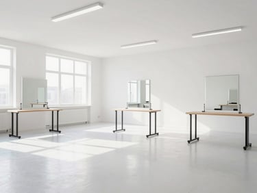 Bright, clean white academy interior showing organized training floor with empty styling stations, sharp daylight, minimalist architectural perspective.