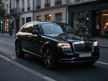 Cinematic shot of a black luxury multi-purpose vehicle driving through a quiet European city street at dusk, soft reflections of streetlights on the polished black paint, low-key lighting