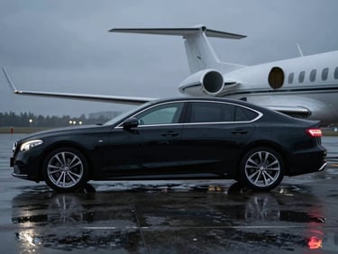 Side profile of an unmarked black executive sedan parked outside a private aviation terminal at dusk, moody overcast lighting, wet asphalt reflections