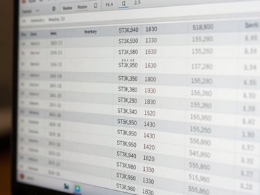 Close-up UI view of an inventory database schema table, showing stock levels, batch numbers, and clean high-contrast columns.