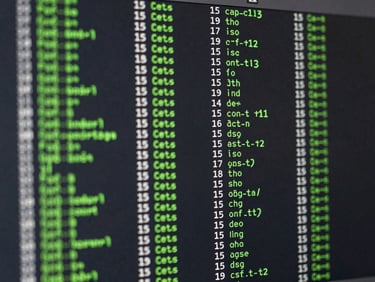 Crisp macro screenshot of a terminal interface displaying database synchronization logs, green and white monospace text on a deep charcoal background, clean columns of transactional data, high contrast.