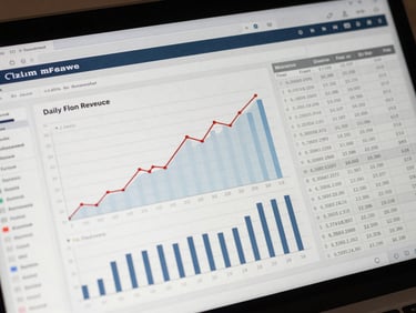 A clean financial dashboard interface showing high-contrast ledger lines, daily revenue charts, and tabular transaction histories.