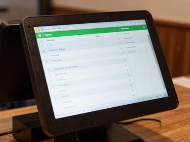 A high-contrast interface of a restaurant point-of-sale system running on a rugged terminal, showing active orders and clean green text