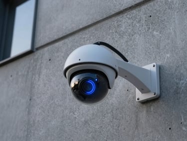 Architectural close-up of a high-tech dome security camera mounted on a modern concrete wall at dusk, sharp blue status LED glowing, clean wiring, professional installation.