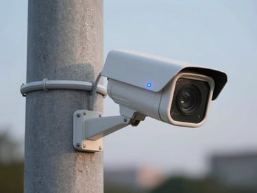 Close-up of a high-tech outdoor security camera mounted on a concrete column, clean professional wiring conduit, soft blue indicator light, dusk background