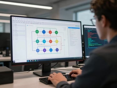 Over-the-shoulder view of an engineer at a wide monitor displaying a system architecture diagram with node graphs and data pipeline flows, cool overhead office lighting, a second screen showing a terminal with scrolling output, tight framing on the desk and screens
