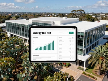 Detailed energy bill analysis, charts, and graphs on a tablet in a modern office, crisp architectural photography, bright Australian daylight, deep eucalyptus greens and clean whites.