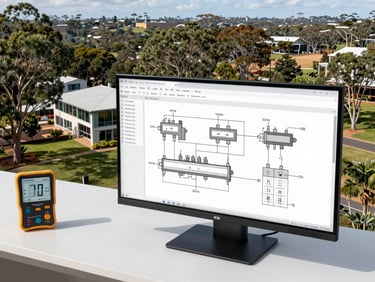 Engineer reviewing commercial electrical schematics on a large monitor, with a power meter in the foreground, crisp architectural photography, bright Australian daylight, deep eucalyptus greens and clean whites.