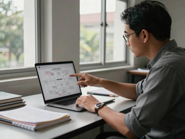 A quiet academic workspace in Yogyakarta, natural daylight streaming through high windows, focused mentor pointing at a structured research mind map on a laptop screen, clean table with journals