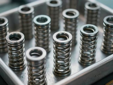 Macro shot of heavy-duty steel compression springs arranged in clean industrial trays, cool metallic light glinting off the coils.