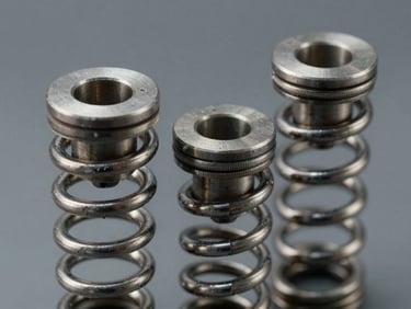 Macro detail of custom double-torsion springs, showcasing precise wire bends and metallic textures under sharp industrial lighting.