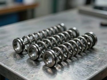 Close-up of high-carbon extension springs with precise loop ends, resting on a brushed metal workbench under high-contrast workshop light.