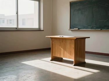 Wide shot of a teaching studio in the UAE, Oud resting on a wooden stand near a window, afternoon light casting a long shadow across the floor, no people, intimate and quiet