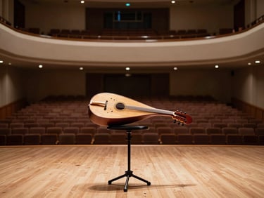 Wide shot of a cultural institution performance space, Oud resting on a stand under warm directional light, empty seats in background suggesting an intimate concert hall