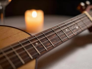 Close-up of Oud strings and fretboard under warm candlelight in an intimate private dining setting, white tablecloth visible at lower edge, shallow depth of field