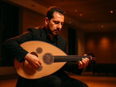 Oud player in focused concentration on a corporate event stage, warm amber stage lighting, clean modern venue interior visible in background, no audience faces