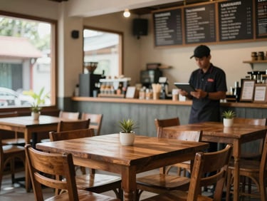 Interior of a small Indonesian café, wooden tables and chairs, a staff member using a tablet at the counter, warm daylight from side windows, menu board visible on the wall behind