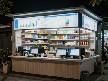 Wide environmental shot of a small Indonesian retail workspace at night, screens displaying dashboard interfaces with sales charts and inventory numbers, organized counter and shelving visible in soft overhead light, no people present