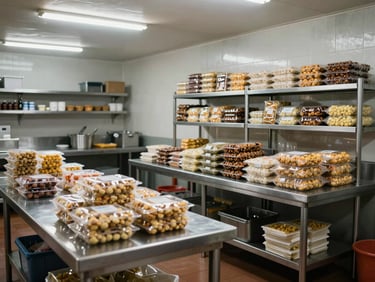 Wide shot of a small Indonesian food production kitchen, stainless steel prep tables, packaged products stacked on shelving, natural overhead fluorescent light, no people, organized and operational