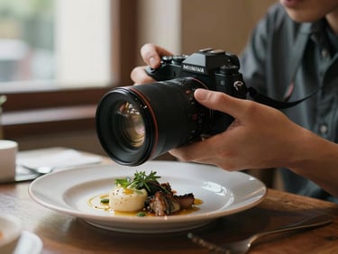 Close-up of a photographer's hands adjusting a camera lens over a plated dish on a restaurant table, natural daylight from a side window, shallow depth of field, warm tones