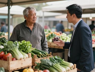 Farmer and agency consultant talking beside wooden crates of fresh vegetables at a morning market, soft natural daylight, documentary framing, no posed smiles