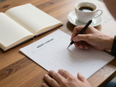 Agency planner's hands writing a content calendar on paper at a wooden desk, open notebook and espresso cup beside it, warm overhead light, editorial close framing