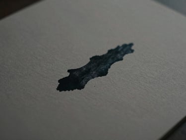 Close-up of black ink slowly spreading on thick textured paper, soft natural light, shallow depth of field