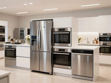 A modern kitchen full of sleek Vestel appliances, including a stainless steel refrigerator, oven, and dishwasher, arranged as an attractive wedding package display, under bright showroom lighting.
