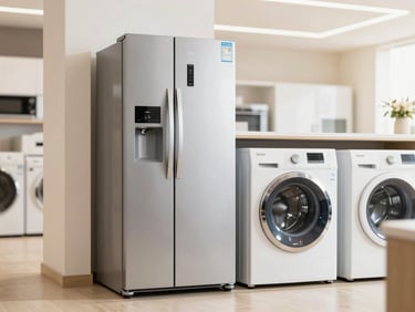 Modern Vestel refrigerator and washing machine in a bright, clean showroom setting, warm lighting, sharp focus on product details.