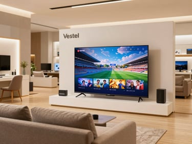 Large Vestel smart TV displaying vibrant content in a dedicated showroom section, comfortable seating, warm lighting, professional interior.