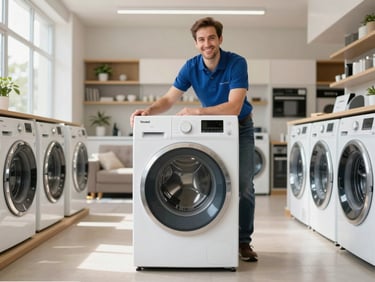 New Vestel washing machine being delivered to a home, friendly service, bright natural light, professional interior.