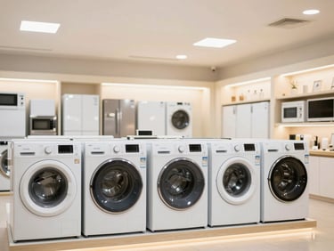 Modern Vestel white goods arranged as a wedding package in a clean, bright showroom, warm lighting, sharp focus, professional interior.