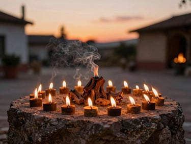Vela artesanal encendida sobre un altar místico de piedra, humo suave de copal, luz cálida de atardecer