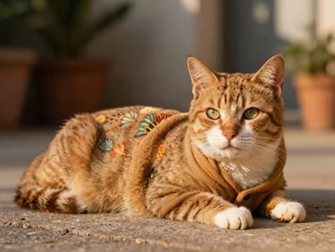 Gato doméstico relajado usando un pequeño suéter de algodón teñido con plantas en tonos tierra suaves