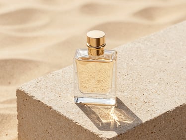 A single luxury glass perfume bottle resting on a textured sandstone block, warm golden hour sunlight, soft reflections