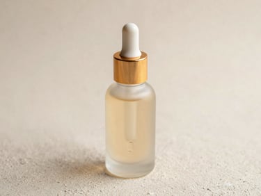 Aesthetic glass dropper bottle with gold cap on a textured plaster surface, soft diffused daylight