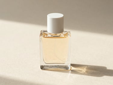 Minimalist glass perfume bottle catching warm sunlight, elegant shadows, premium aesthetic