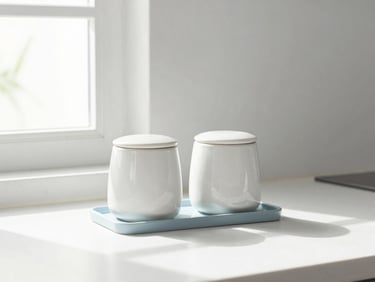 Minimalist white ceramic jars and modular spice racks on a clean kitchen counter, bright natural window light, soft shadows, 50mm lens