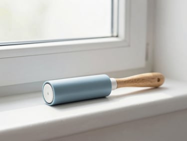 Sleek minimalist lint roller and wood-handled duster resting on a white shelf, soft shadows, bright natural window light, 50mm lens