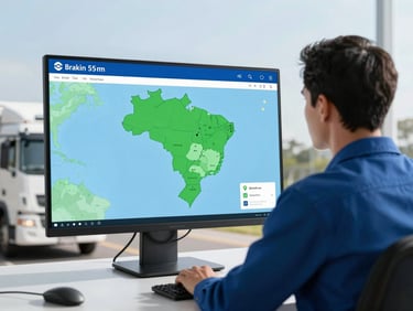 Logistics coordinator viewing a tracking screen with a map of Brazil, professional, sharp focus, blue and green tones, 35mm