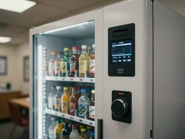 Snack vending machine in a commercial break room corridor, overhead fluorescent light, tight shot showing product selection panel and coin mechanism