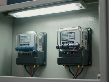 Close-up of a commercial electric meter panel with exposed wiring and circuit breakers, shot under fluorescent overhead light, crisp detail on the hardware