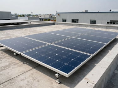 Solar panel array installed flush on a flat commercial rooftop, wide environmental shot from rooftop level, overcast daylight, mechanical equipment visible in background