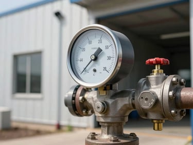 Industrial natural gas meter and regulator mounted on a commercial building exterior, daylight, tight framing on the gauge face and pipe fittings