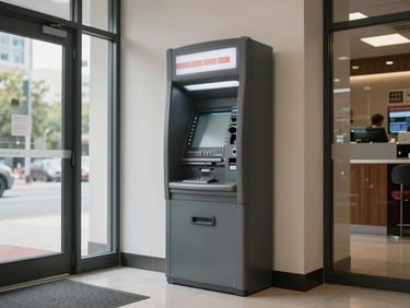 ATM machine installed in a commercial lobby near an entrance, wide environmental shot showing floor and signage context, natural daylight from entry windows